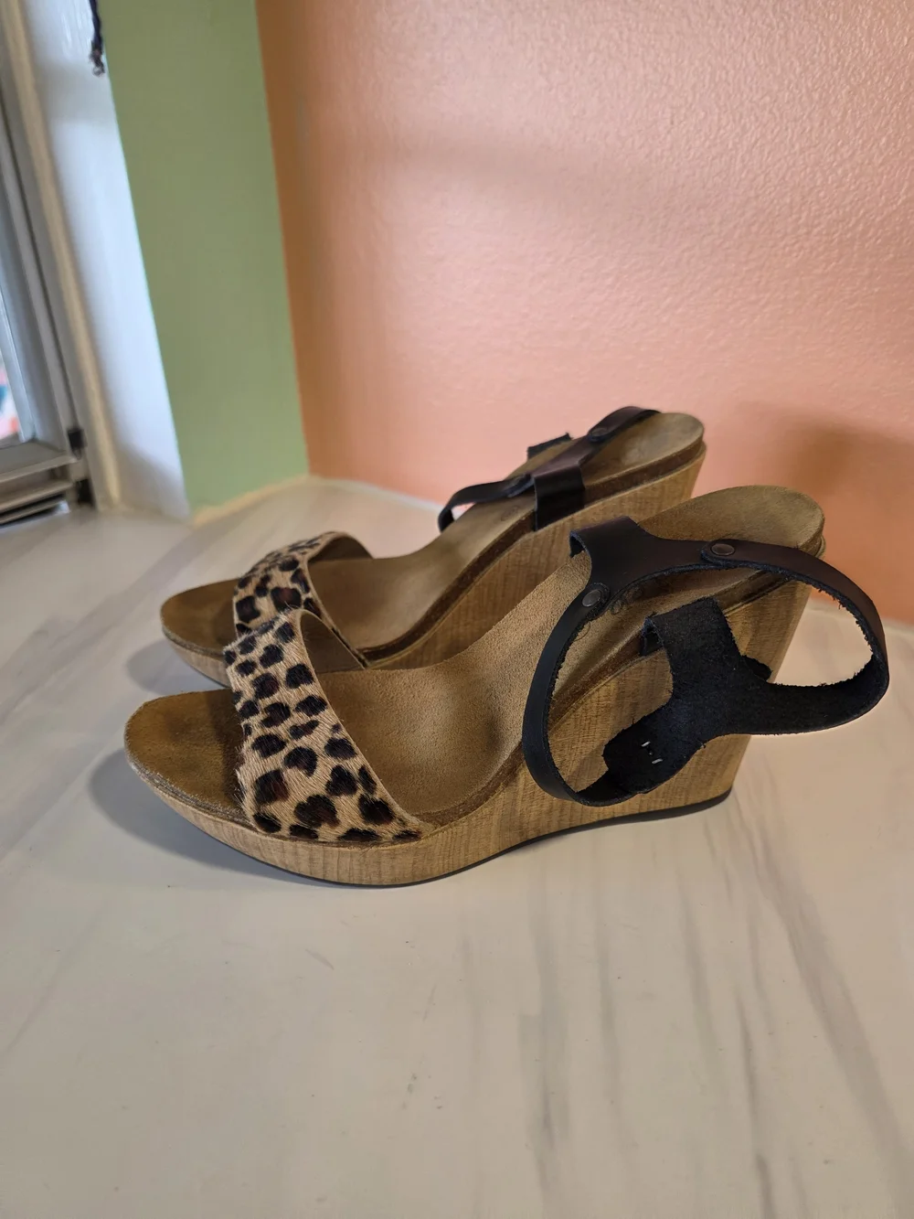 Leopard Print Wedge Sandals Biostep 9 Black Ankle Strap Boho Babe Summer